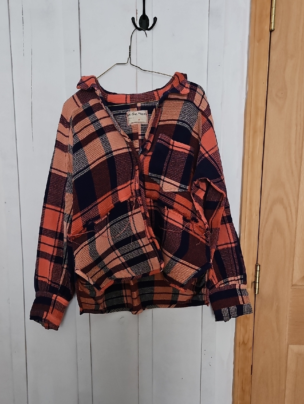 Plaid Button-Up Shacket in Orange and Navy